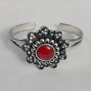 Antiqued Silver Tone Open Cuff Flower Bracelet